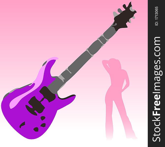 A rock guitar with a silhouette of a girl dancing with a gradient background. A rock guitar with a silhouette of a girl dancing with a gradient background