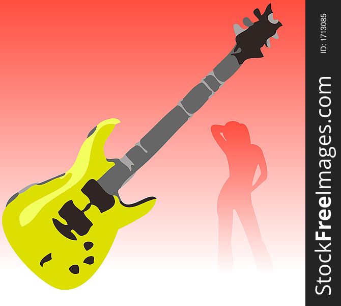 A rock guitar with a silhouette of a girl dancing with a gradient background. A rock guitar with a silhouette of a girl dancing with a gradient background