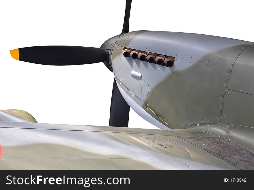 Supermarine Spitfire front quarter detail isolated on white. Supermarine Spitfire front quarter detail isolated on white