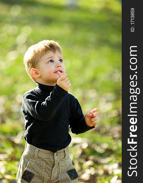 A little boy eating short stick in the park