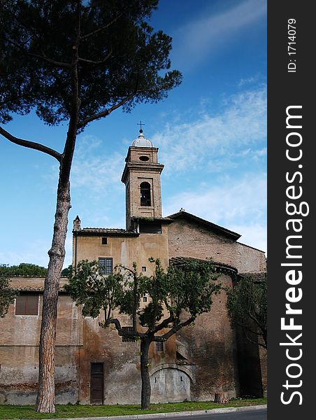 Pine tree and medieval church on a clear day in spring