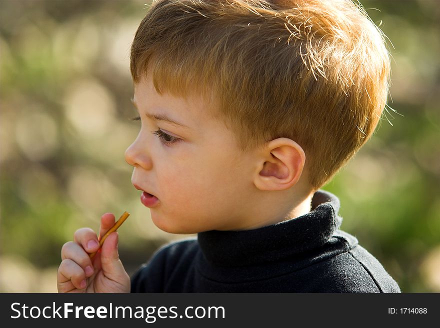A little boy eating short stick