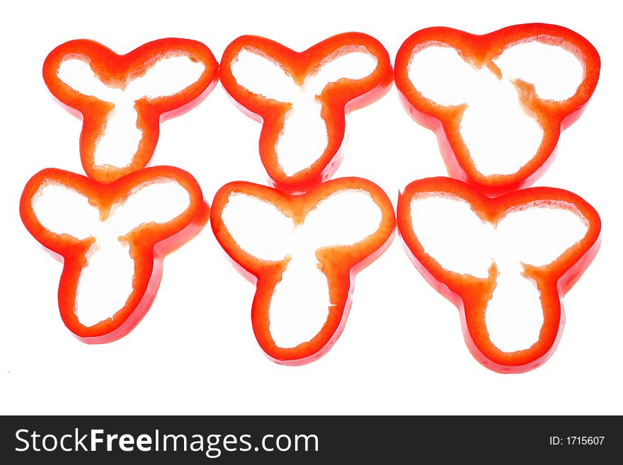 Two rows of sliced red pepper rings on a white background.