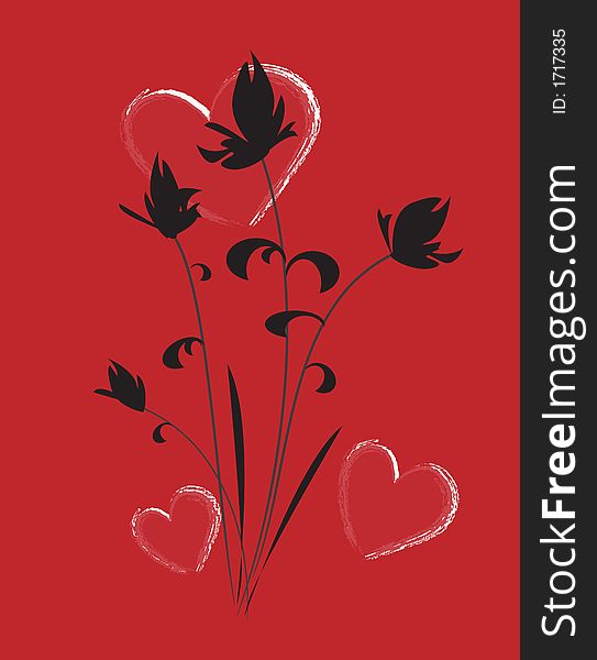 Abstract silhouette flowers on a red background with some grunge like hearts. Abstract silhouette flowers on a red background with some grunge like hearts.