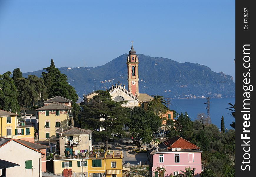 View of the church of Pieve Ligure. View of the church of Pieve Ligure