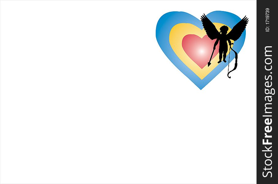 White background with colored hearts and black cupid shape. White background with colored hearts and black cupid shape