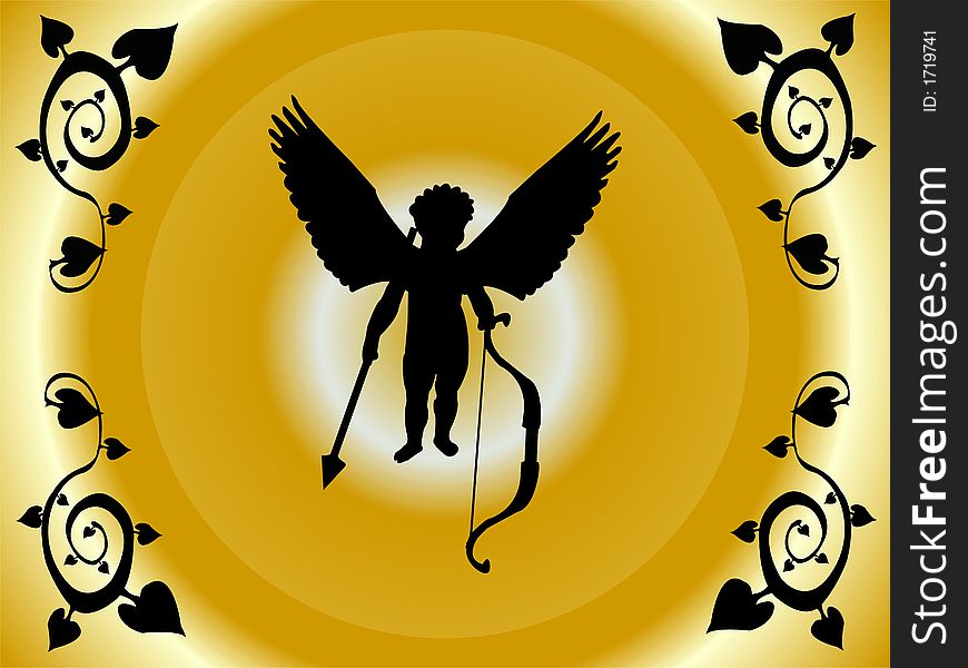 Background with black leafage frame and black cupid shape. Background with black leafage frame and black cupid shape