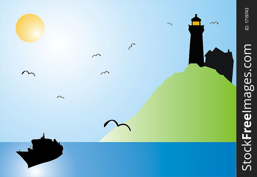 Colored background with ship in the sea, seagulls and black lighthouse shape