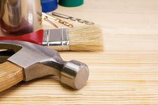 Hammer, Paintbrush And Other Instruments On Wood Stock Photography Hammer, Paintbrush And Other Instruments On Wood Stock Photography
