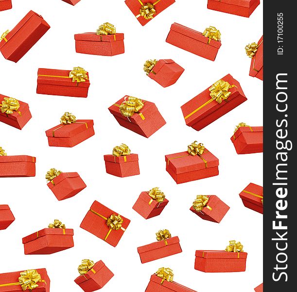 Red gift boxes with ribbon and bow on white background