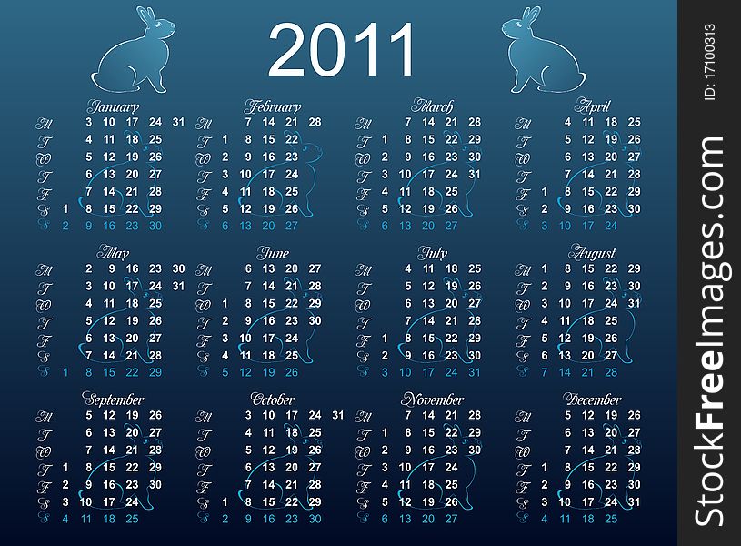 European calendar 2011, starting from Mondays - vector