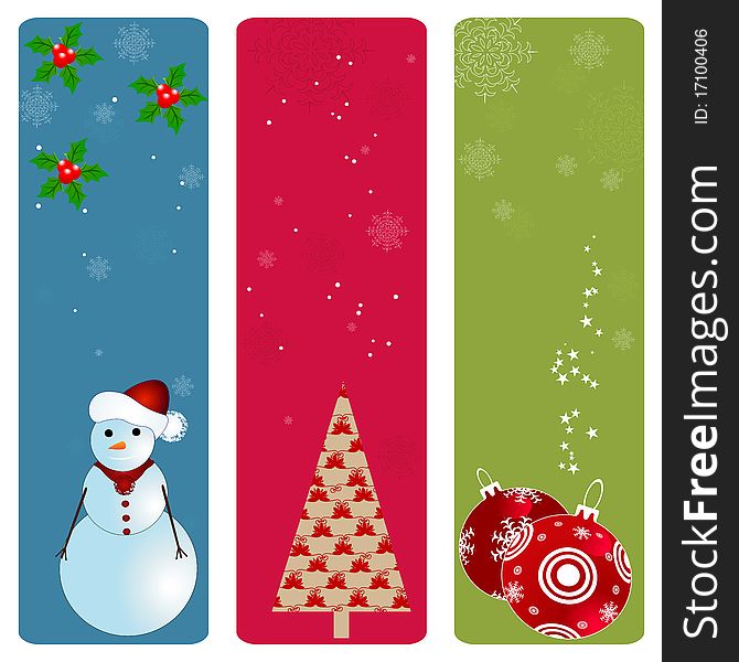 Three decorative christmas background with baubles, christmas tree and snowman, illustration