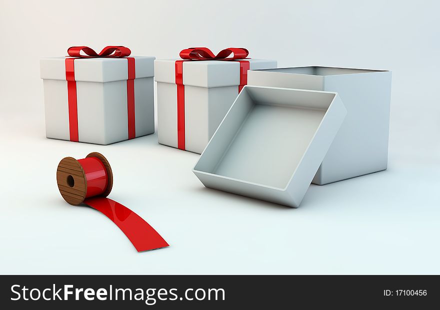 Preparing Christmas gift boxes with red ribbon
