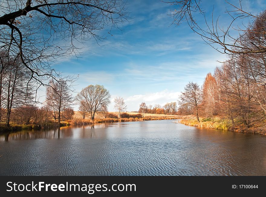 A small lake is surrounded by bare trees. A small lake is surrounded by bare trees