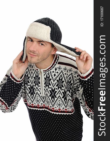 Funny Winter Man In Warm Hat And Clothes Listening