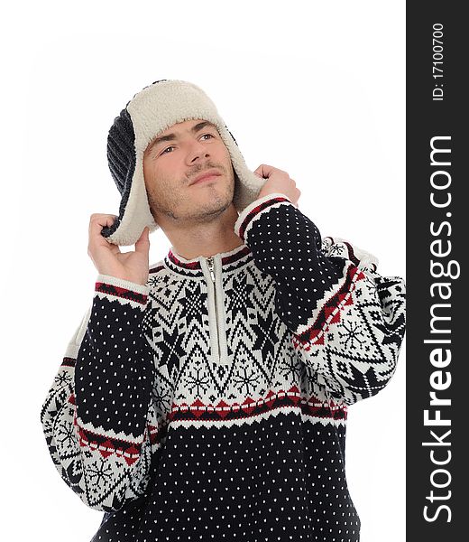 Funny Winter Man In Warm Hat And Clothes Listening