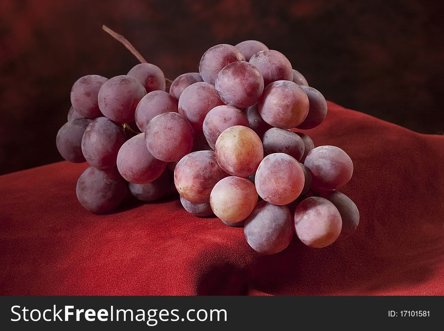 Branch of red grapes on red