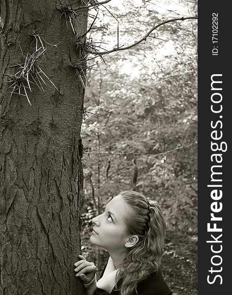 Innocent girl looks at the dangerous needles on a dark tree trunk. Innocent girl looks at the dangerous needles on a dark tree trunk