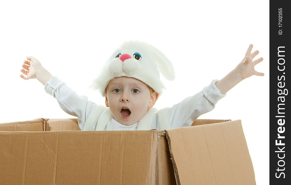 The boy in a suit of a rabbit jumps out of a box with the lifted hands