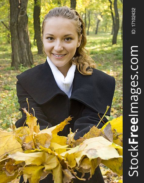 Young cute girl with a bunch of gold leaves in the hands. Young cute girl with a bunch of gold leaves in the hands