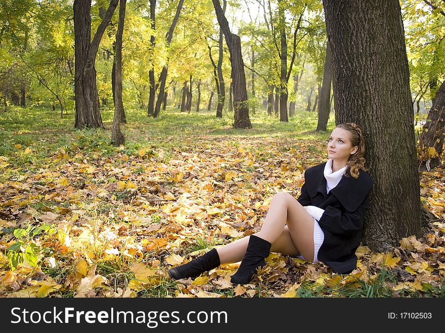 Pensive teen girl sits under the tree among gold leaves in autumn park. Pensive teen girl sits under the tree among gold leaves in autumn park
