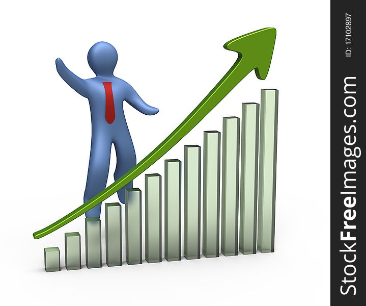 Little man has the joy of success. The successful green chart.