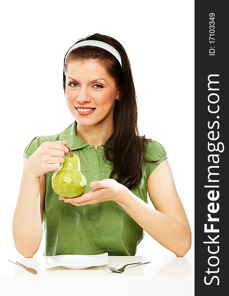 Young caucasian woman over white background. Young caucasian woman over white background