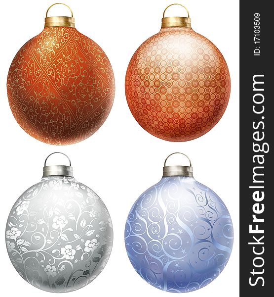 Photoshop illustration of 4 decorated christmas balls in white background. Photoshop illustration of 4 decorated christmas balls in white background.