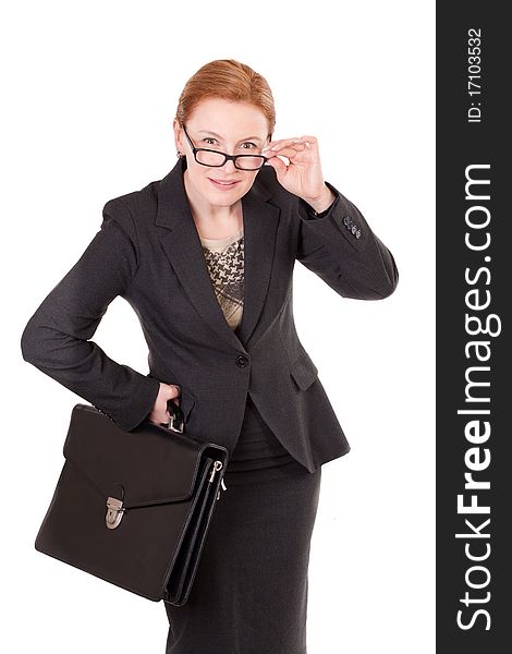 Red Hair Businesswoman In Glasses On White