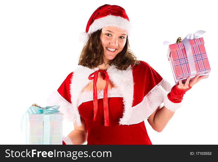 The Woman In A Suit Santa, Gives Gifts
