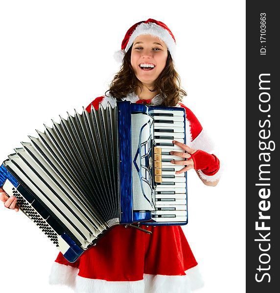 The woman in a suit santa, plays an accordion. The woman in a suit santa, smiling.