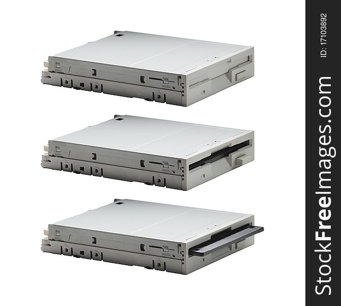Floppy drive in three actions: empty, full and inserting. Body parts(viewpoint, focal length, size and etc) are identical