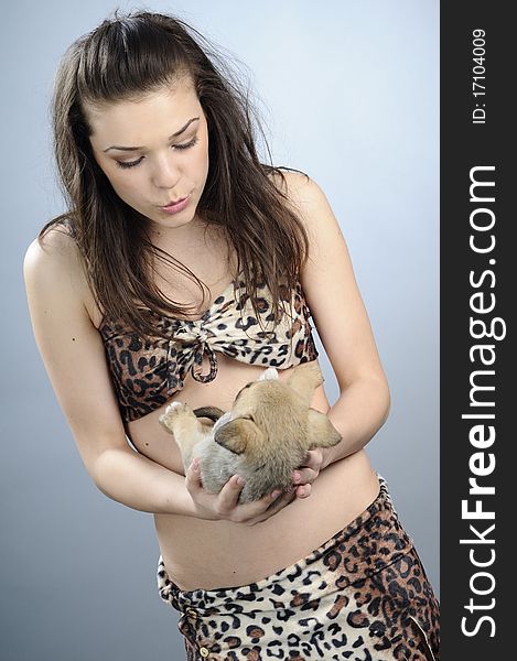Female Posing With Funny Puppy