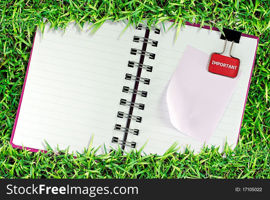 Blank page of note book on grass good to background. Blank page of note book on grass good to background