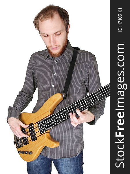 Young man with beard in grey shirt playing bass guitar, half body, vertical, isolated. Young man with beard in grey shirt playing bass guitar, half body, vertical, isolated