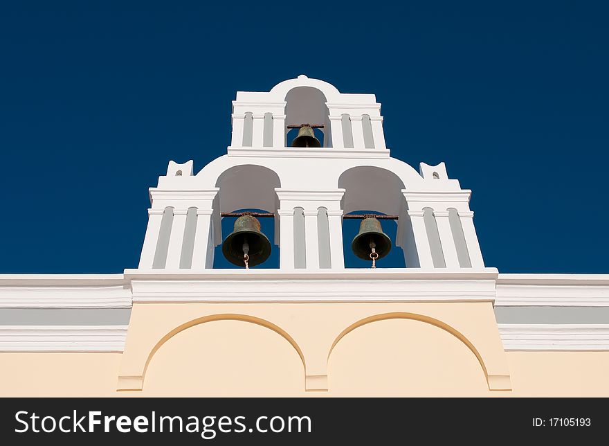 Greek christian church belfry tower with three bells. Greek christian church belfry tower with three bells