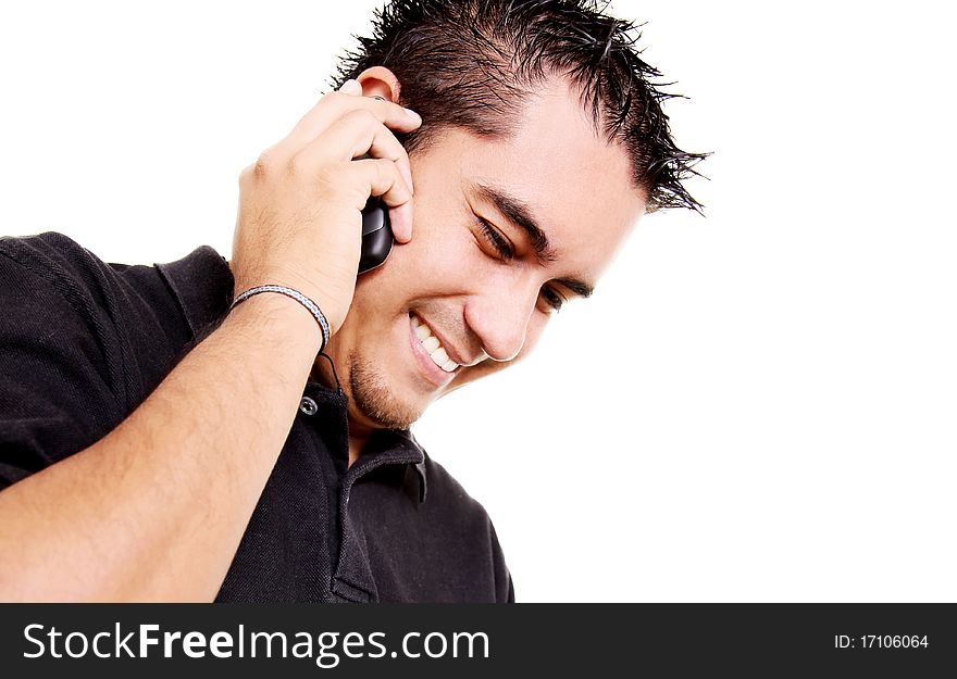 Young man speaking by phone on white background