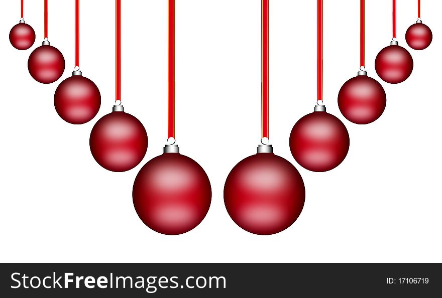 Red christmas spheres hanging on white background. Red christmas spheres hanging on white background