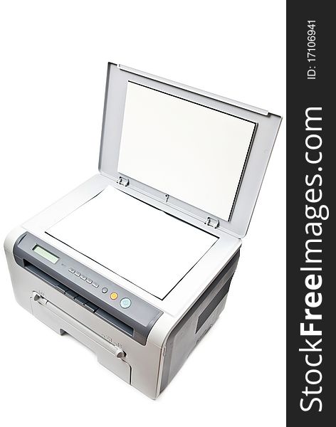 Grey computer printer isolated on white background