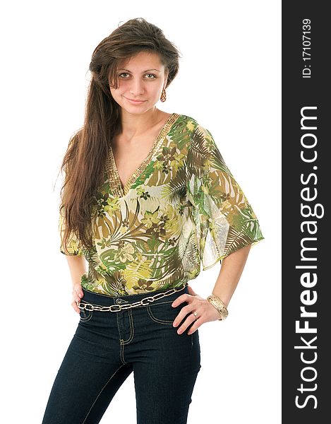 Portrait of a lovely young female standing against white background. Portrait of a lovely young female standing against white background