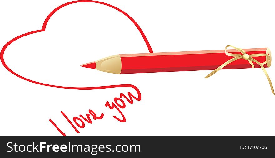 Heart and red pencil with bow. Illustration