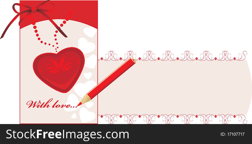 Valentines card with pencil. Decorative banner. Illustration