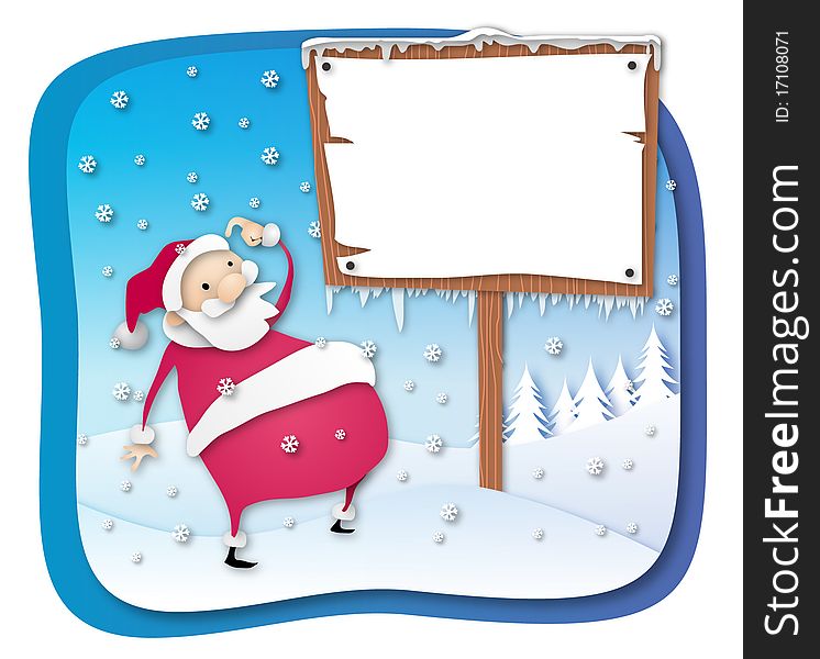 Santa Claus in front of a poster. Santa Claus in front of a poster