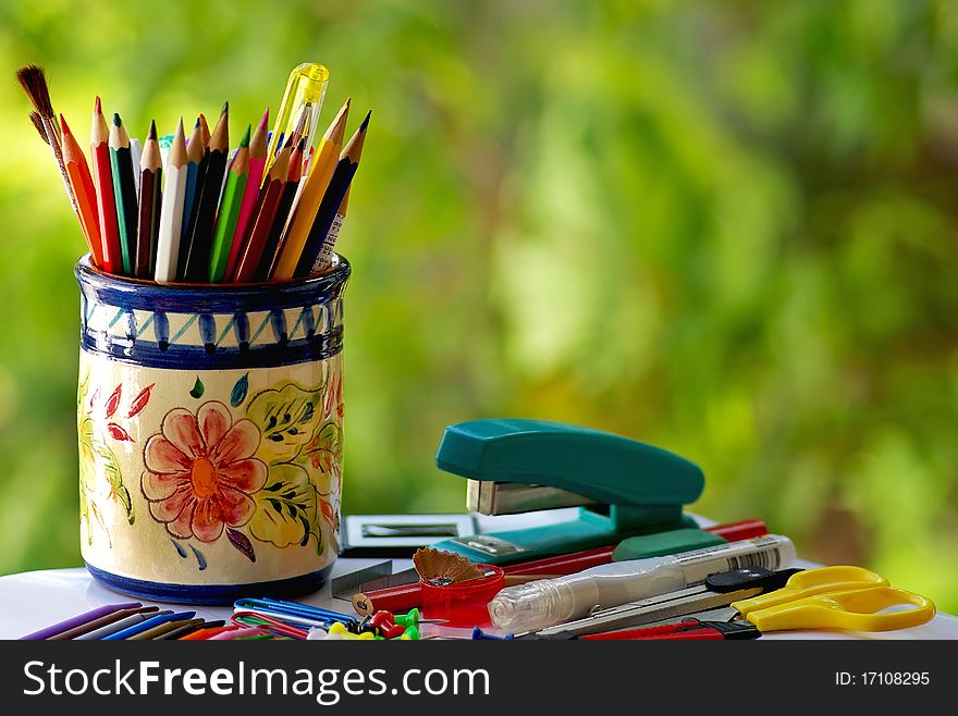 Colorful pencils and pertaining to school material. Colorful pencils and pertaining to school material.