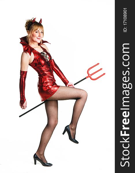 Red devil woman with trident on white background