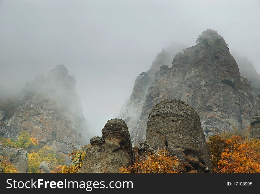 View of misty fog mountains in autumn, Crimea, Ukraine. View of misty fog mountains in autumn, Crimea, Ukraine