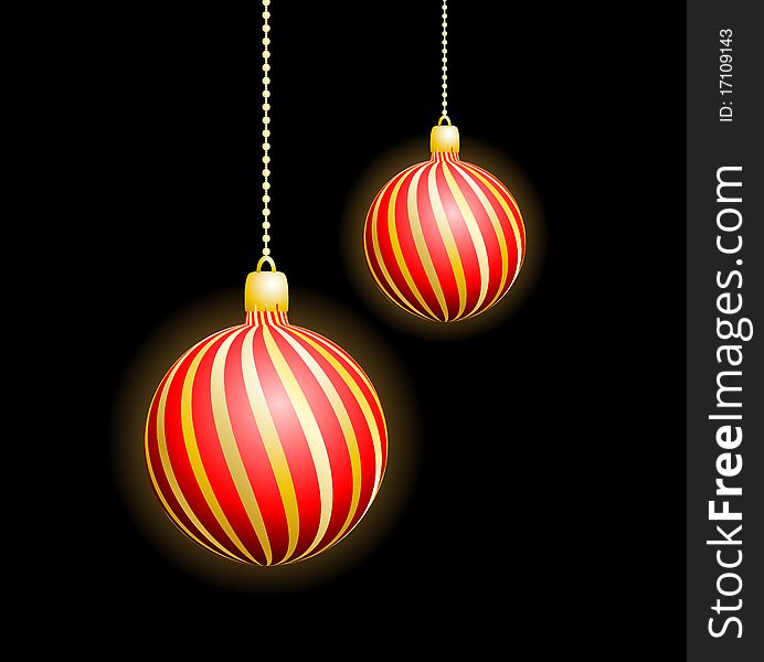 Two Christmas red spheres in a gold strip on a black background