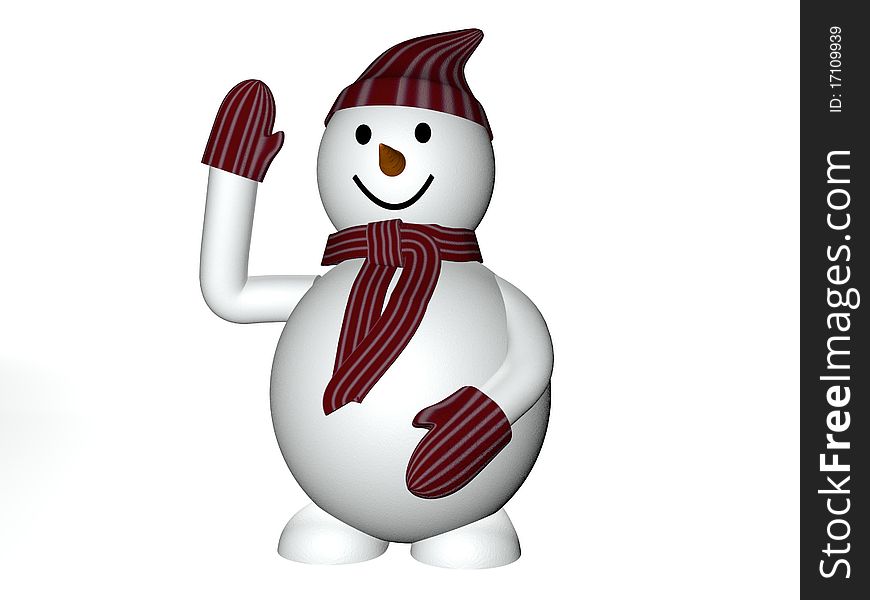 3d smiling snow man in a cap and mittens, on a white background. 3d smiling snow man in a cap and mittens, on a white background