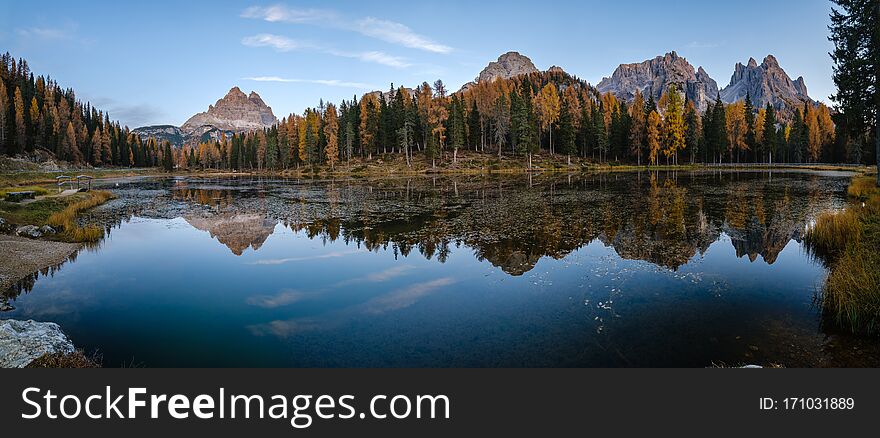 Beautiful autumn evening Lake Antorno and Three Peaks of Lavaredo, Dolomites, Italy