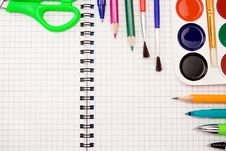 Pencils, Pens, Paint Brush And Scissors On Paper Stock Photo Pencils, Pens, Paint Brush And Scissors On Paper Stock Photo